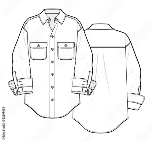 mens long sleeve oversize collar shirt fashion flat sketch vector illustration front and back view template. cad mockup.