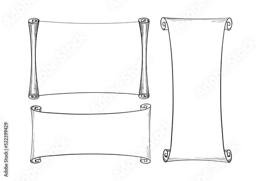 Outline scroll set. Vector simple illustration with place for text. Blank for design with copy space. Linear hand drawing.