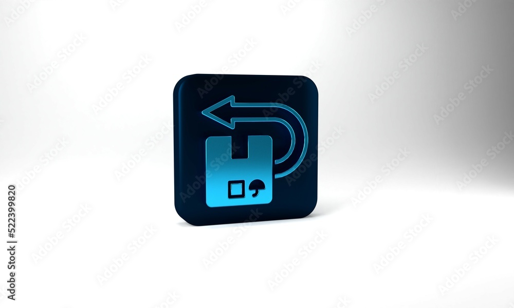 Blue Return cardboard box icon isolated on grey background. Box, package, parcel sign. Delivery and packaging. Blue square button. 3d illustration 3D render Blue Return cardboard box icon isolated on grey background. Box, package, parcel sign. Delivery and packaging. Blue square button. 3d illustration 3D render