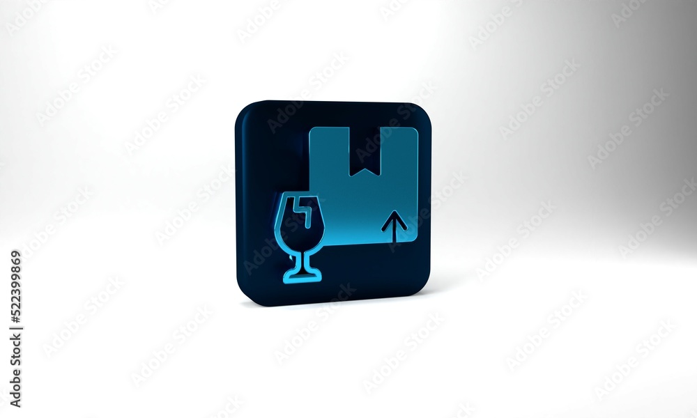 Blue Delivery package box with fragile content symbol of broken glass icon isolated on grey background. Box, package, parcel sign. Blue square button. 3d illustration 3D render Blue Delivery package box with fragile content symbol of broken glass icon isolated on grey background. Box, package, parcel sign. Blue square button. 3d illustration 3D render