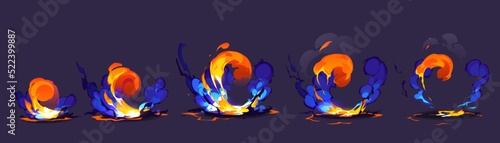 Magic explosion animation effect for 2d game design. Vector sprite sheet of cartoon energy burst, fantasy blast with fire splash and blue smoke clouds isolated on background