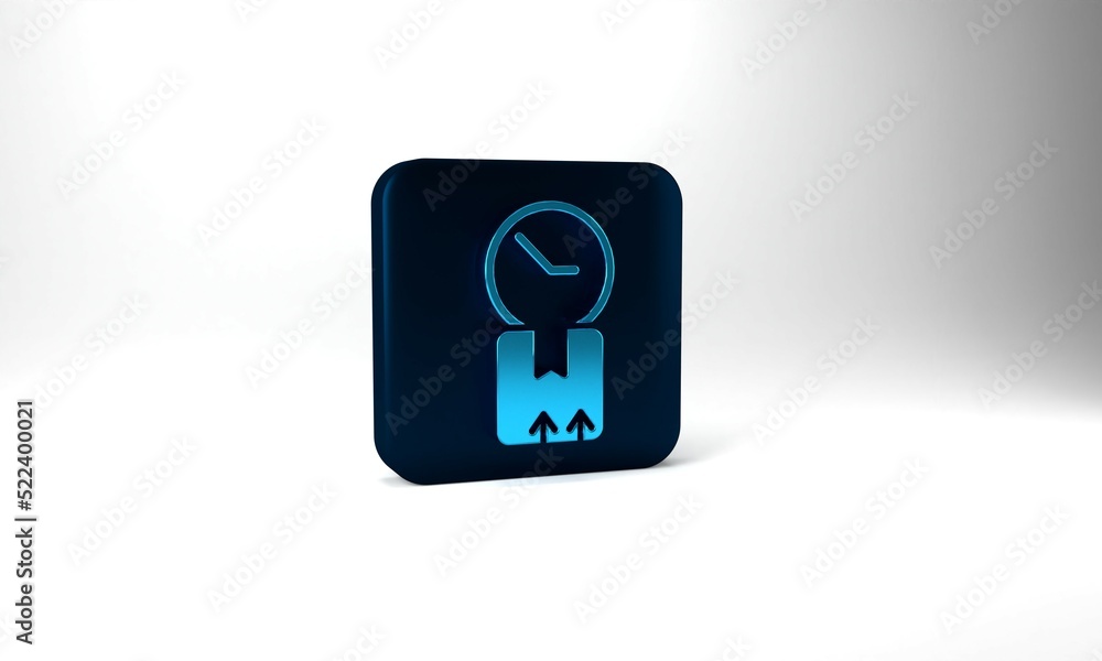 Blue Carton cardboard box and fast time delivery icon isolated on grey background. Box, package, parcel sign. Delivery and packaging. Blue square button. 3d illustration 3D render Blue Carton cardboard box and fast time delivery icon isolated on grey background. Box, package, parcel sign. Delivery and packaging. Blue square button. 3d illustration 3D render