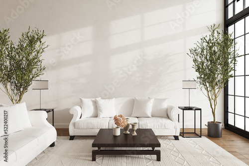 Hampton style living room. Home interior design 3d render illustration in pastel colors.