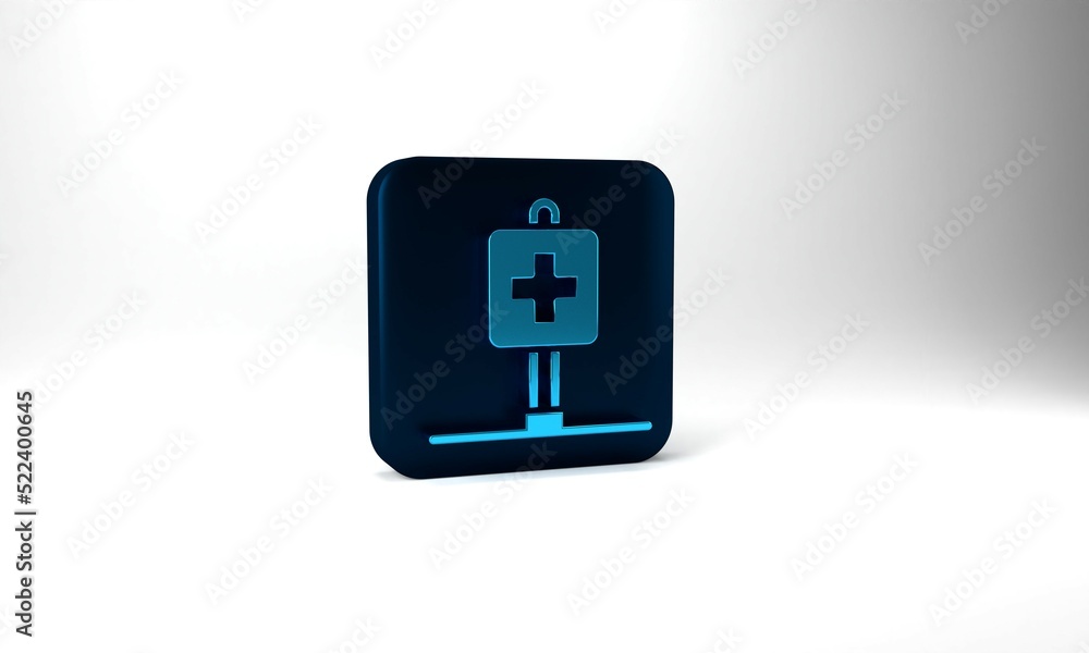 Blue Medical map pointer with cross hospital icon isolated on grey background. Blue square button. 3d illustration 3D render Blue Medical map pointer with cross hospital icon isolated on grey background. Blue square button. 3d illustration 3D render