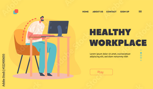 Healthy Workplace Landing Page Template. Spinal Curvature, Back Ache, Scoliosis Prevention. Wrong Position during Work
