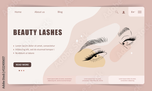 Beauty lashes landing page template. Linear female eyes. Elegant logo for beauty salon. Vector Illustration in flat cartoon style. Website design.