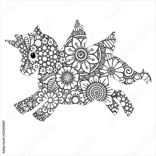Animal mandala  card. Frame of animal made in vector. Illustration for design, pattern Hand drawn with unicorn  and mandala. Use for children clothes, t shirt designs ,Decorative horse illustration