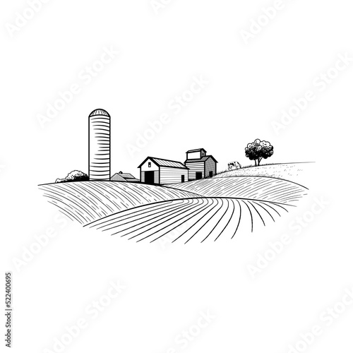 Farm warehouse, hangar among the fields and hills. Farming engraving, agribusiness and organic products