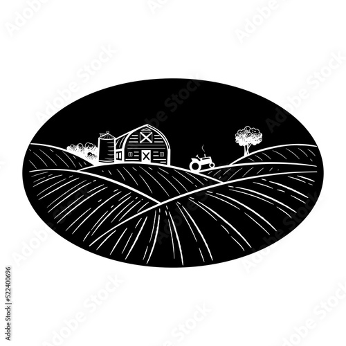 Farm warehouse, hangar among the fields on black. Farming engraving, agribusiness and organic products