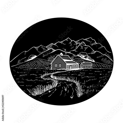 Farmhouse in a field of wheat, rye or barley on black. Farming engraving, agribusiness and organic products