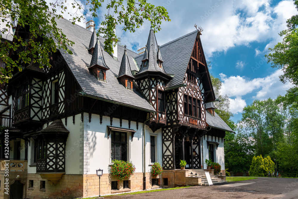 Hunting lodge (palac mysliwski) in Promnice, Kobior, Silesia, Poland. Neo-gothic, english-style building from 1861 year with towers, oriels and ornamental sculptures located in the forest, by the lake