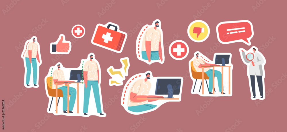 Set of Stickers Spinal Deformity, Scoliosis and Spine Backbone Curvature Concept. Male Characters Standing and Sitting Set of Stickers Spinal Deformity, Scoliosis and Spine Backbone Curvature Concept. Male Characters Standing and Sitting