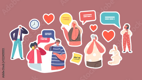 Set of Stickers People Communicate by Mobile Phone. Granny, Little Boy, Adults and Teenagers Characters Speaking