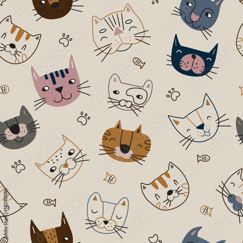 Seamless pattern with cute faces of cats. Vector illustration on a beige background for your design
