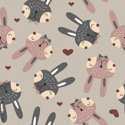 Seamless childish pattern with cute hares and hearts. Vector illustration for your design