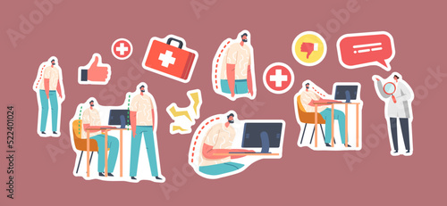 Set of Stickers Spinal Deformity, Scoliosis and Spine Backbone Curvature Concept. Male Characters Standing and Sitting