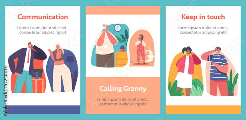 People Communicate by Mobile Phone Cartoon Banners. Granny and Little Grandson, Adult Couple and Teenagers Speaking