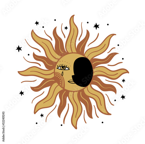 Moon with face and tear, golden rays. Vector medieval illustration, colored boho tattoo, mystical symbol. Flat icon isolated on white background.