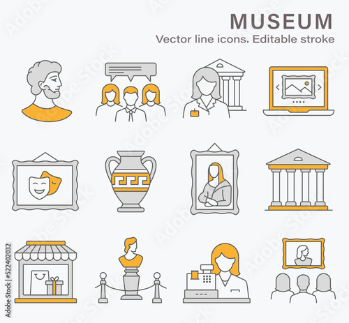 Museum icons, such as gallery, exhibit, culture, antique and more. Vector illustration isolated on white. Editable stroke.