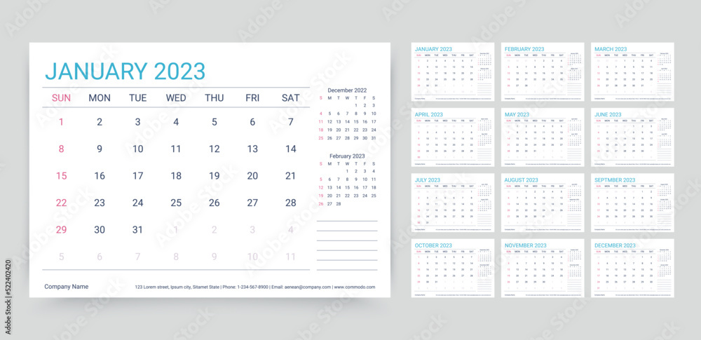2023 calendar. Planner template. Desk schedule layout. Week starts Sunday. Yearly calender organizer. Table monthly diary grid with 12 month. Vector illustration. Horizontal design. Paper size A5. 2023 calendar. Planner template. Desk schedule layout. Week starts Sunday. Yearly calender organizer. Table monthly diary grid with 12 month. Vector illustration. Horizontal design. Paper size A5.