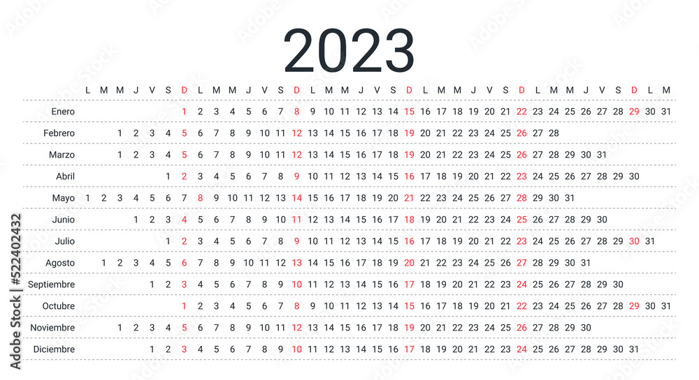 2023 Spanish calendar. Linear planner for year. Yearly horizontal 2023 Spanish calendar. Linear planner for year. Yearly horizontal