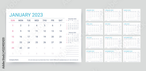 2023 calendar. Planner template. Desk schedule layout. Week starts Sunday. Yearly calender organizer. Table monthly diary grid with 12 month. Vector illustration. Horizontal design. Paper size A5. photo