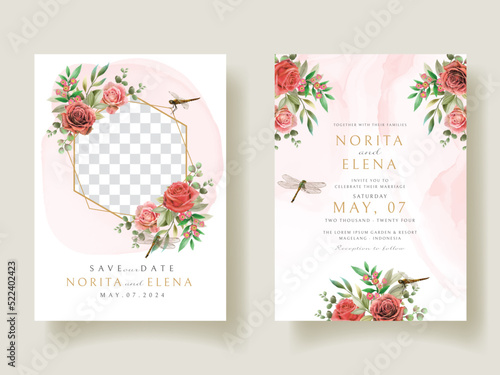 Floral and dragonfly painting watercolor wedding invitation card