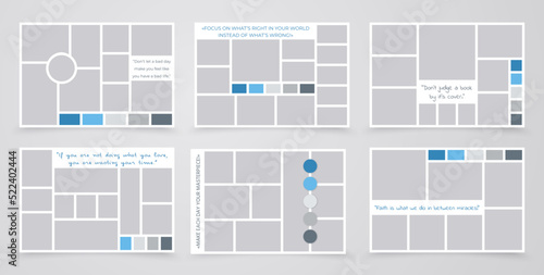 Moodboard template. Collage grids. Mood board background. Photomontage pictures layout. Set mosaic frames. Album scrapbook design. Horizontal mockup with colour palette and quote. Vector illustration