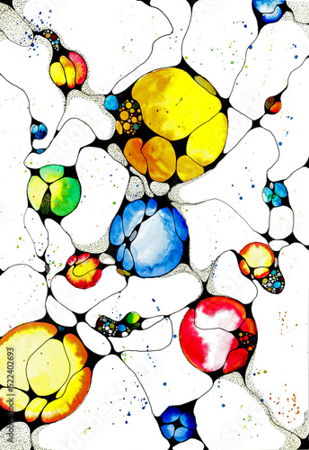 A hand drawn and multicoloured abstract watercolor art painting in a neurographic style with spheres and wavy lines