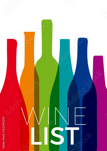 Wine restaurant menu design with cheerful and colorful bottles. Background for wine list. Vector illustration