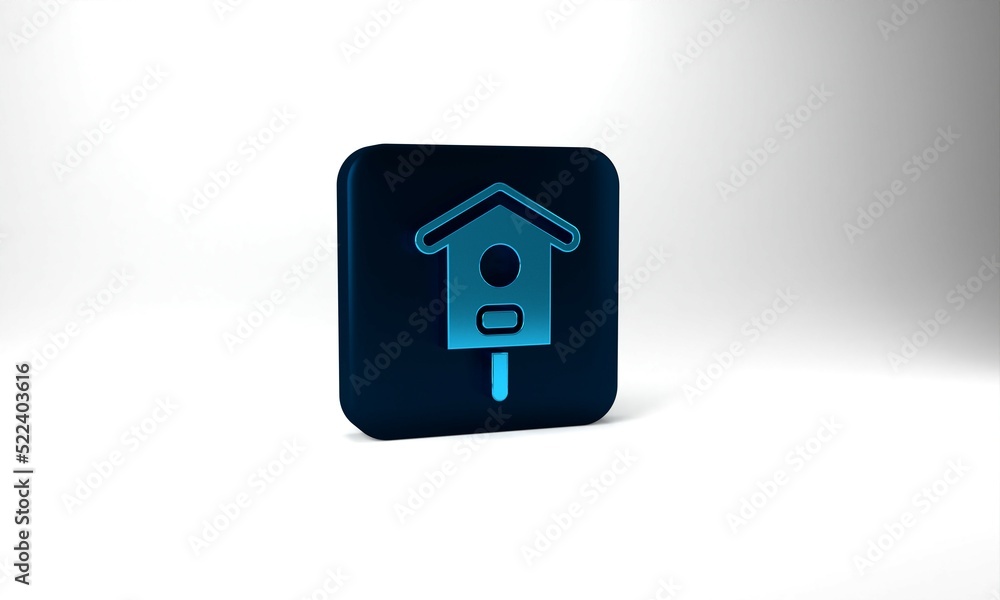 Blue Bird house icon isolated on grey background. Nesting box birdhouse, homemade building for birds. Blue square button. 3d illustration 3D render Blue Bird house icon isolated on grey background. Nesting box birdhouse, homemade building for birds. Blue square button. 3d illustration 3D render