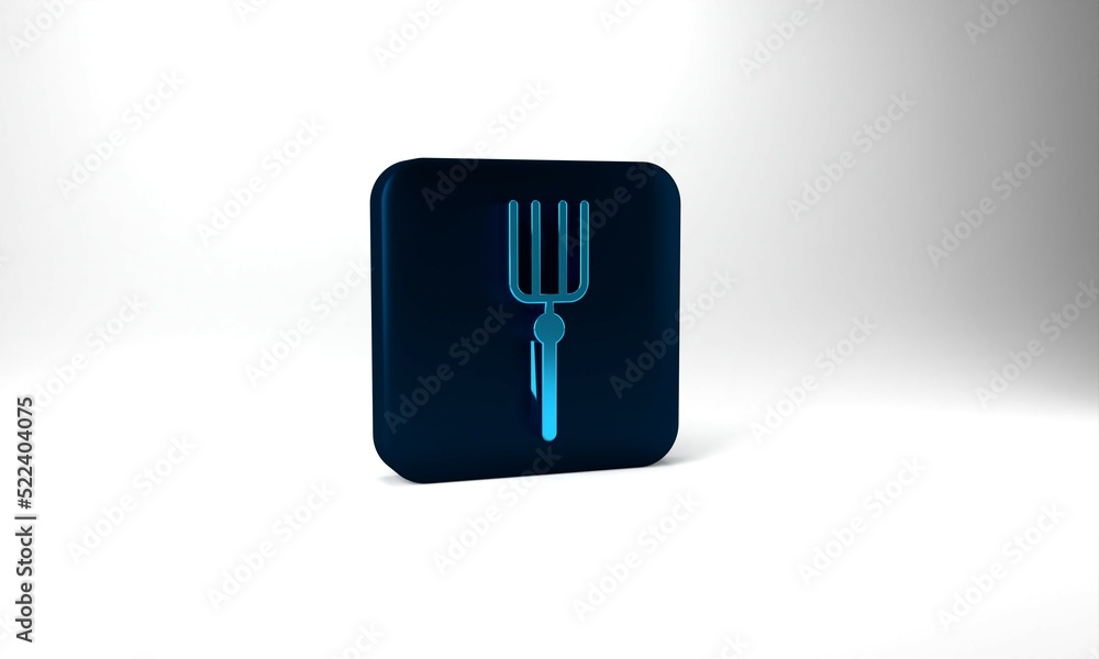 Blue Garden pitchfork icon isolated on grey background. Garden fork sign. Tool for horticulture, agriculture, farming. Blue square button. 3d illustration 3D render Blue Garden pitchfork icon isolated on grey background. Garden fork sign. Tool for horticulture, agriculture, farming. Blue square button. 3d illustration 3D render