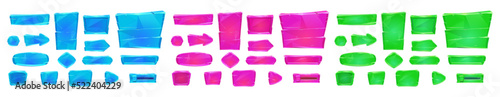 Catoon set of game ui buttons for computer, mobile app isolated on white background. Vector illustration of blue, pink, green bars, arrows, empty frames with gemstone texture. Gui elements collection
