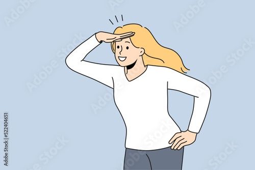 Smiling woman looking in bright future waiting for perspectives. Happy businesswoman excited about new career opportunities and possibilities. Vector illustrations. 