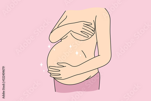 Close-up of naked woman touching pregnant belly ready for future maternity. Female excited with pregnancy. Motherhood and mom to be. Vector illustration. 