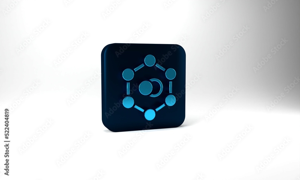 Blue Molecule icon isolated on grey background. Structure of molecules in chemistry, science teachers innovative educational poster. Blue square button. 3d illustration 3D render Blue Molecule icon isolated on grey background. Structure of molecules in chemistry, science teachers innovative educational poster. Blue square button. 3d illustration 3D render