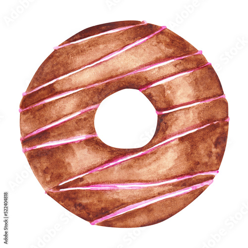 Chocolate donut isolated on a white backgroundWatercolor doughnut illustration. Hand-drawn delicious glazed dessert clipart. Single bakery object. Cute donut icon for logo and more. photo