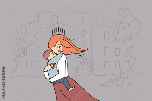Scared young woman with child in hands running from bombs in city. Terrified mother with kid escape burning house on fire. Vector illustration. 