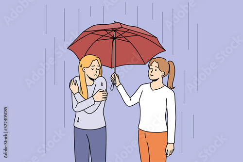 Happy caring woman help unhappy wet friend share umbrella. Smiling attentive female show support to upset girl on rain on street. Vector illustration. 
