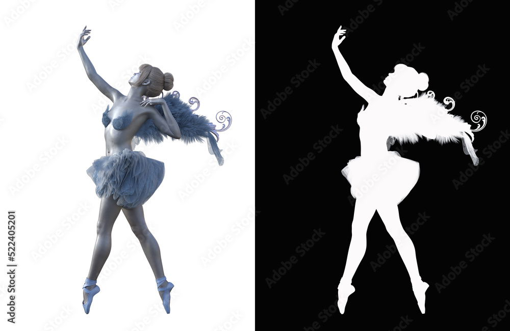 A dancing ballerina in an elegant ballet costume and with angel wings. Balerina character isolated on a white background with alpha mask for quick isolation for your composite work. 3d rendering-illu
