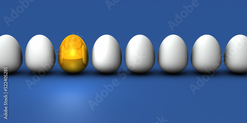 整列した沢山の卵の中で目立つ金の卵。将来性と有望さを表す抽象的なコンセプト