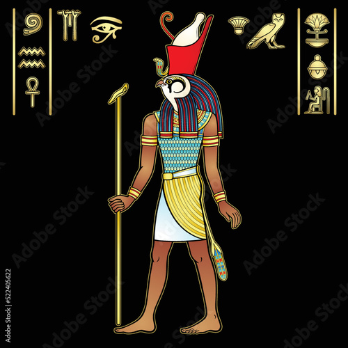 Animation portrait: Ancient Egyptian god Horus in the crown of Egypt. God of heaven and sun in guise of Falcon. Full growth. View profile. Vector illustration isolated on a black background.