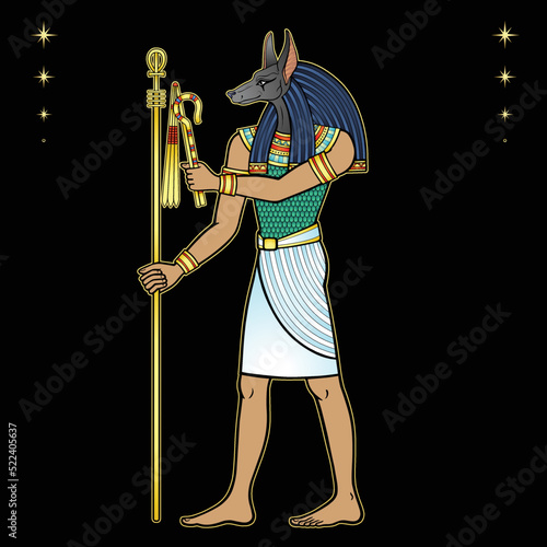 Animation portrait: Ancient Egyptian god Anubis 
holds symbols of the power. God of death and afterworld. View profile. Full growth. Vector illustration isolated on a black background.