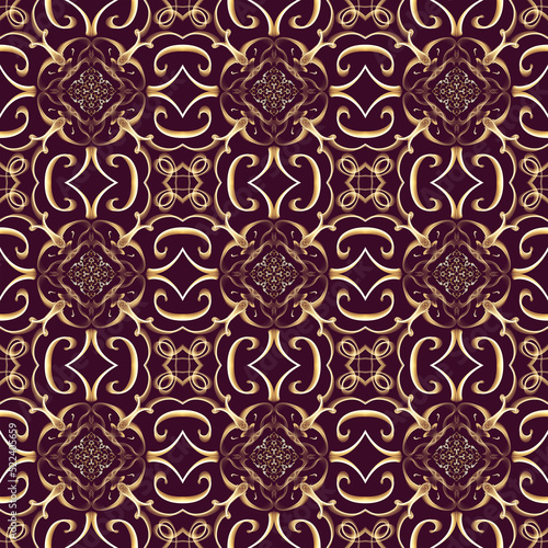 Seamless ornamental royal surface pattern in golden color with maroon background. Use for fashion design, clothing, fabrics, home decoration, bedding, wallpapers, invitations and greeting cards