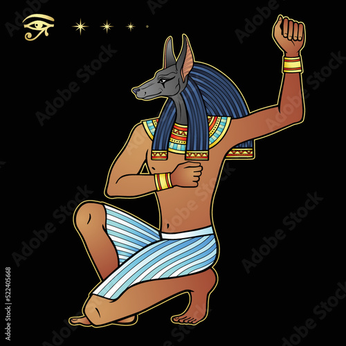 Animation color portrait: Ancient Egyptian god Anubis. God of death and afterworld. View profile.  Vector illustration isolated on a black background.