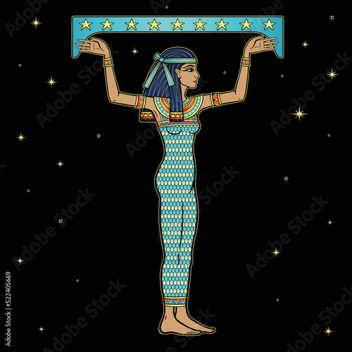 Animation color portrait: beautiful Egyptian woman holds symbolical star sky. Full growth. Goddess, princess. Profile view. Vector illustration isolated on a black background. 