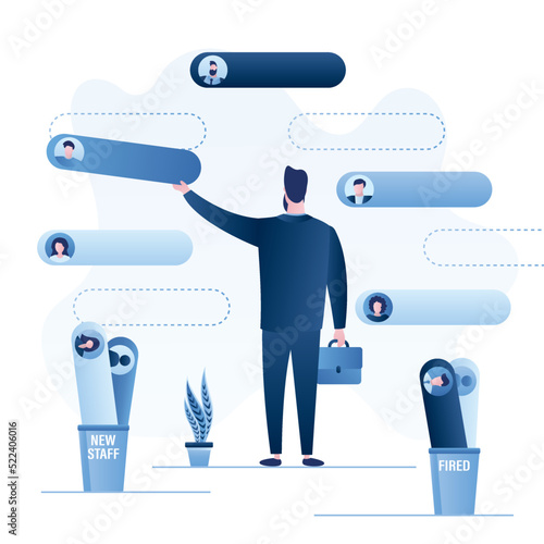 Team building, concept. Male boss arranges resumes of employees in hierarchy of company. Distribution of positions and responsibilities. Career ladder, teamwork. Leader develops strategy.