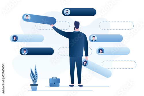 Team building. Boss arranges resumes of employees in hierarchy of company. Distribution of positions and responsibilities. Leader develops strategy. Schedule of meetings and negotiations.