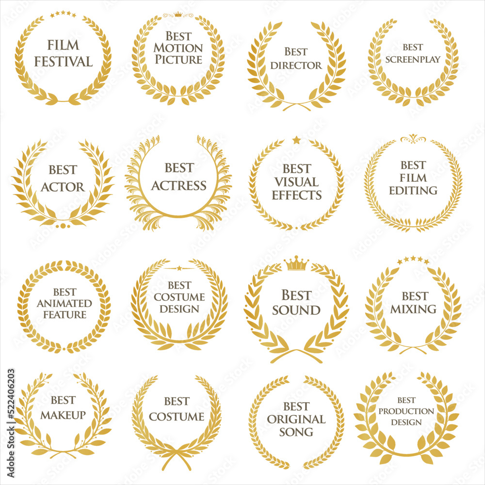 Collection of gold laurel wreath with black Film Awards text