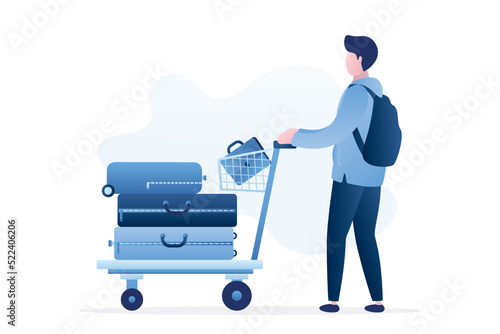 Tourist holding luggage trolley. Passenger man and airport trolley with suitcases. Baggage on airport cart. Male character and luggage trolley isolated on white background.